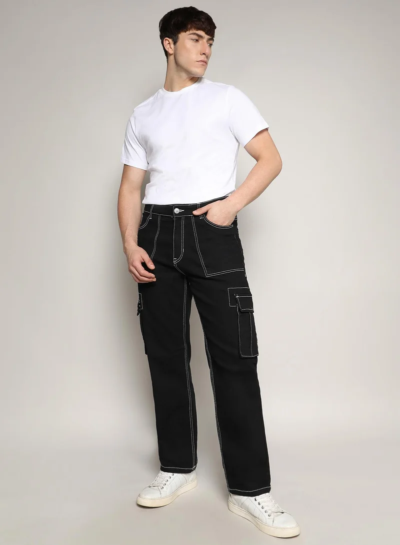 CAHOOT  Men's Jet Black Contrast Stitched Cargo Denim Jeans For Casual Wear | Dark-Wash | 5 Pocket | Button Closure | Denim Jeans Crafted With Comfort Fit For Everyday Wear for Men | Best Price UAE